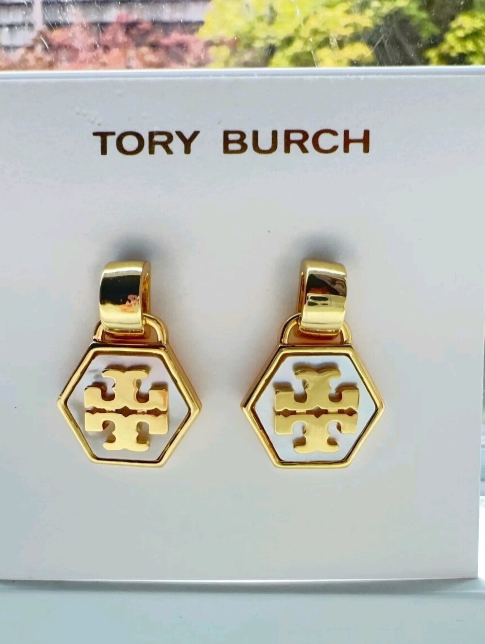 Tory Burch Gold and White Hexagon Logo Drop Earrings with Enamel